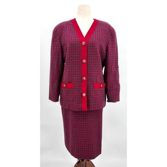 Vtg Pendleton Women's 12 Virgin Wool Red & Blue Houndstooth Jacket & Skirt Set - Picture 2 of 15
